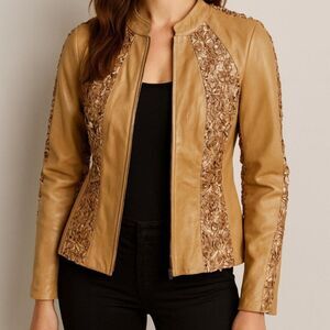 Pamela McCoy Genuine Leather Jacket – Rosette Ribbon Detail (NWT) Women M